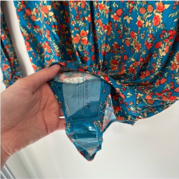 Free People Kaya Floral Printed Plunge Neckline Long Sleeve Bodysuit Turquoise - Picture 10 of 13